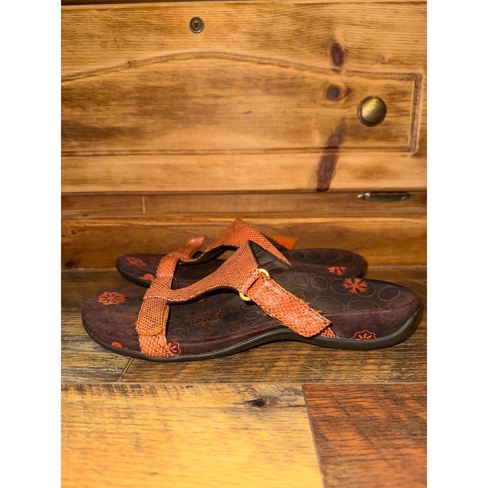 Vionic Orthaheel Amber Orange Faux Snake Sandals Womens 8 Adjustable T-Strap